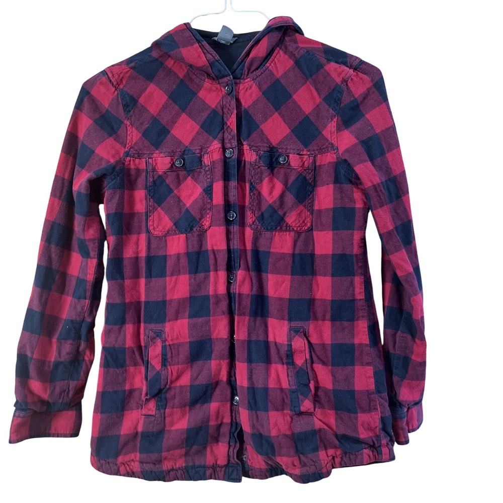 Eddie Bauer Hooded Flannel Shirt Women S Red‎ Black Buffalo Plaid Lined Jacket